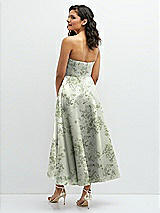 Rear View Thumbnail - Cottage Rose Sage Draped Bodice Strapless Floral Midi Dress with Full Circle Skirt