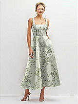 Front View Thumbnail - Cottage Rose Sage Floral Square Neck Satin Midi Dress with Full Skirt & Pockets