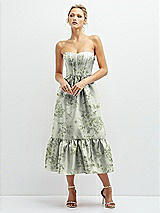 Front View Thumbnail - Cottage Rose Sage Floral Satin Strapless Midi Corset Dress with Lace-Up Back & Ruffle Hem