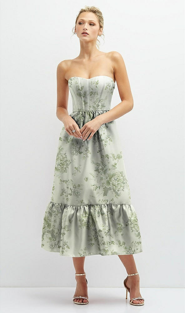 Front View - Cottage Rose Sage Floral Satin Strapless Midi Corset Dress with Lace-Up Back & Ruffle Hem