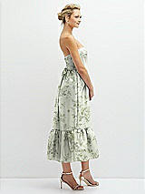 Side View Thumbnail - Cottage Rose Sage Floral Satin Strapless Midi Corset Dress with Lace-Up Back & Ruffle Hem