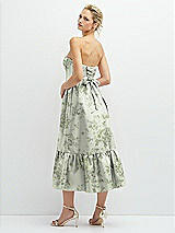 Rear View Thumbnail - Cottage Rose Sage Floral Satin Strapless Midi Corset Dress with Lace-Up Back & Ruffle Hem