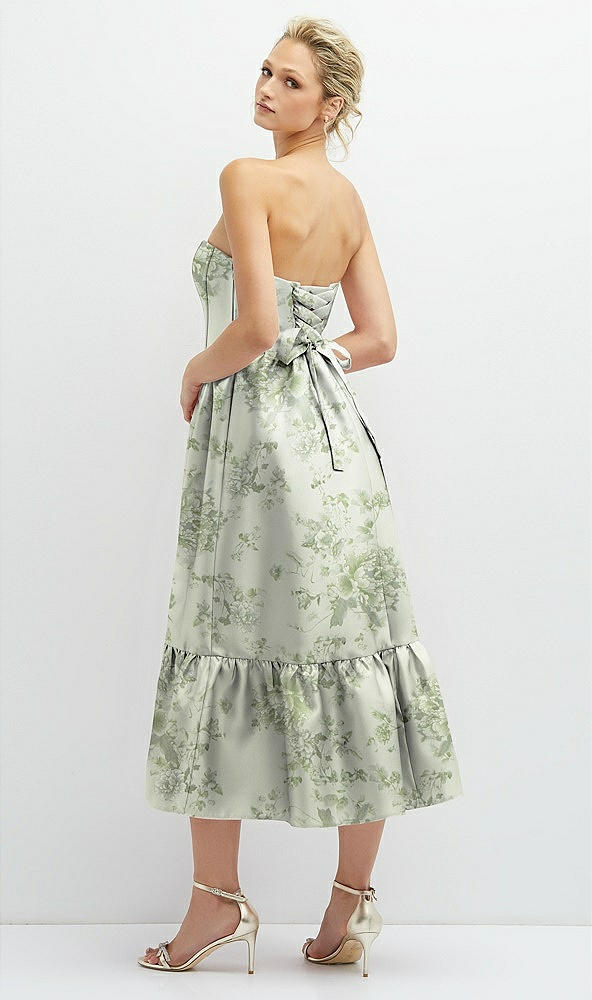 Back View - Cottage Rose Sage Floral Satin Strapless Midi Corset Dress with Lace-Up Back & Ruffle Hem