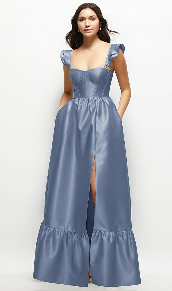 Front View - Larkspur Blue Satin Corset Maxi Dress with Ruffle Straps & Skirt