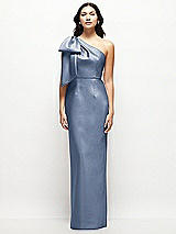 Front View Thumbnail - Larkspur Blue Oversized Bow One-Shoulder Satin Column Maxi Dress