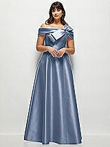 Front View Thumbnail - Larkspur Blue Asymmetrical Bow Off-Shoulder Satin Gown with Ballroom Skirt