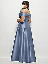 Rear View Thumbnail - Larkspur Blue Asymmetrical Bow Off-Shoulder Satin Gown with Ballroom Skirt