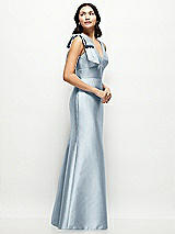 Side View Thumbnail - Mist Deep V-back Satin Trumpet Dress with Cascading Bow at One Shoulder