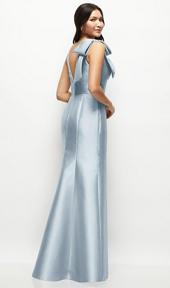 Back View - Mist Deep V-back Satin Trumpet Dress with Cascading Bow at One Shoulder