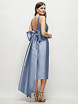 Rear View Thumbnail - Larkspur Blue Scoop Neck Corset Satin Midi Dress with Floor-Length Bow Tails