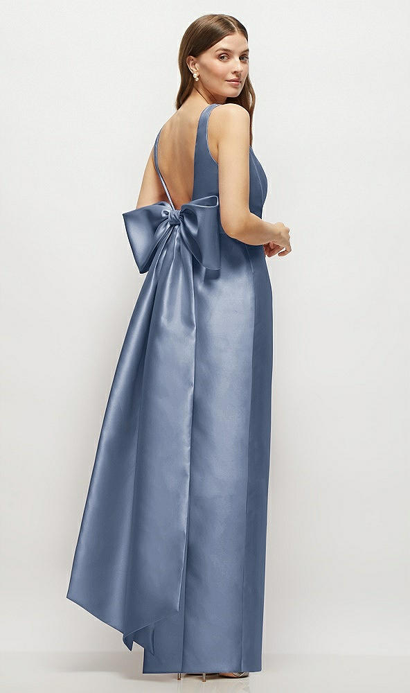 Front View - Larkspur Blue Scoop Neck Corset Satin Maxi Dress with Floor-Length Bow Tails