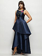 Front View Thumbnail - Midnight Navy Beaded Floral Bodice Satin Maxi Dress with Layered Ballgown Skirt