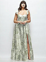 Alt View 1 Thumbnail - Cottage Rose Sage Floral Satin Corset Maxi Dress with Ruffle Straps & Skirt