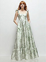 Front View Thumbnail - Cottage Rose Sage Floral Satin Corset Maxi Dress with Ruffle Straps & Skirt