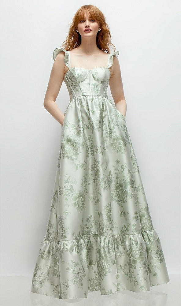 Front View - Cottage Rose Sage Floral Satin Corset Maxi Dress with Ruffle Straps & Skirt