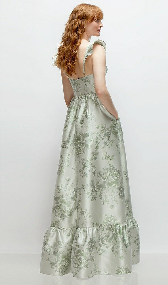 Back View - Cottage Rose Sage Floral Satin Corset Maxi Dress with Ruffle Straps & Skirt