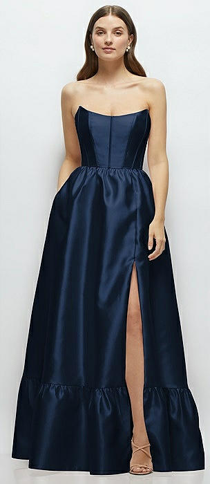 Strapless Cat-Eye Boned Bodice Maxi Dress with Ruffle Hem