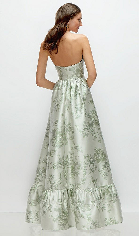 Back View - Cottage Rose Sage Floral Strapless Cat-Eye Boned Bodice Maxi Dress with Ruffle Hem