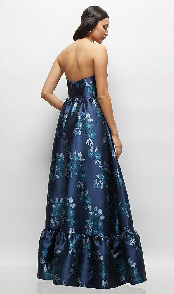 Back View - Midnight Navy Damask Navy Rose Damask Strapless Cat-Eye Bodice Maxi Dress with Ruffle Hem