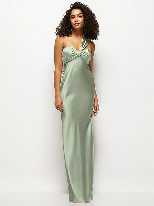 Satin Twist Bandeau One-Shoulder Bias Maxi Dress