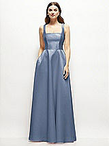 Front View Thumbnail - Larkspur Blue Square-Neck Satin Maxi Dress with Full Skirt