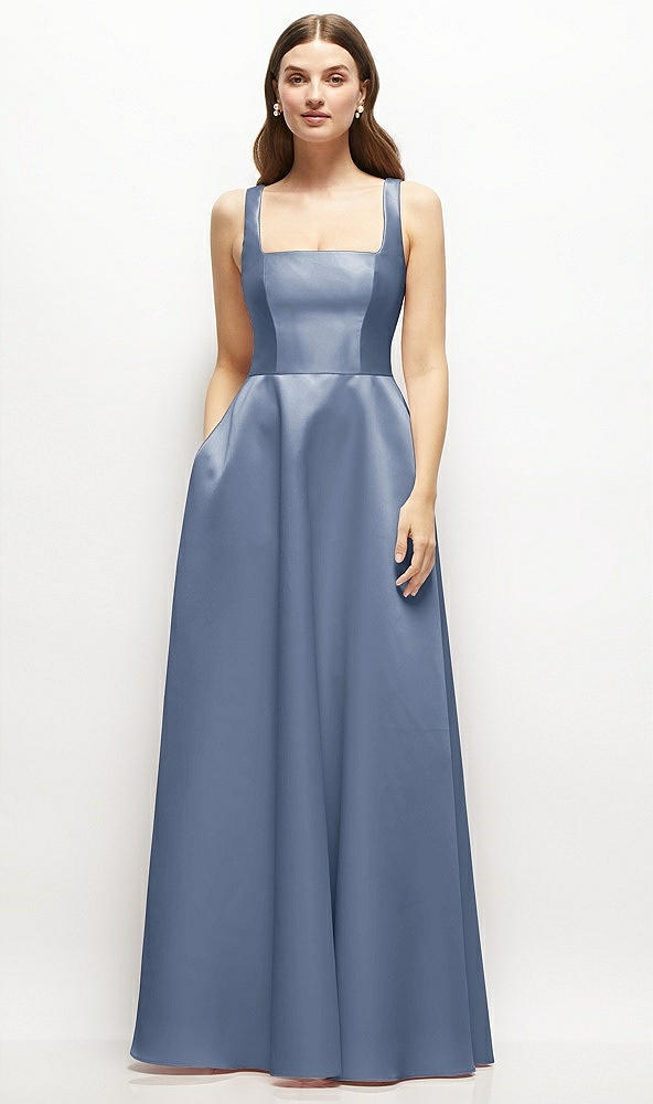 Front View - Larkspur Blue Square-Neck Satin Maxi Dress with Full Skirt