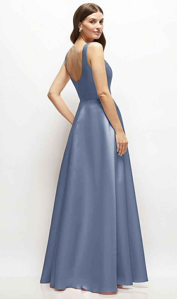 Back View - Larkspur Blue Square-Neck Satin Maxi Dress with Full Skirt