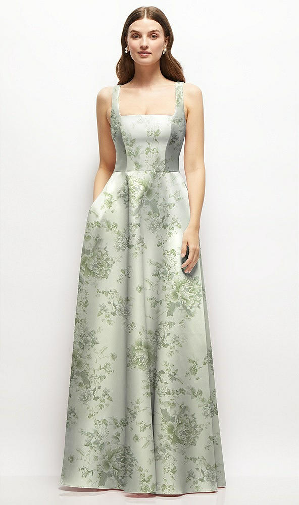 Front View - Cottage Rose Sage Floral Square-Neck Satin Maxi Dress with Full Skirt