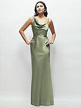 Front View Thumbnail - Sage One-Shoulder Draped Cowl A-Line Satin Maxi Dress