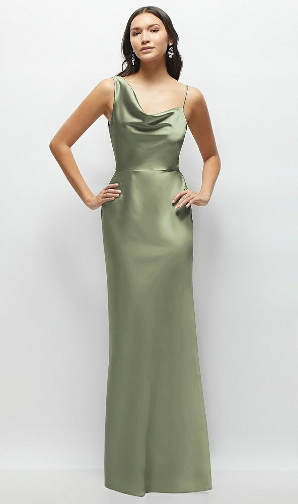 Front View - Sage One-Shoulder Draped Cowl A-Line Satin Maxi Dress