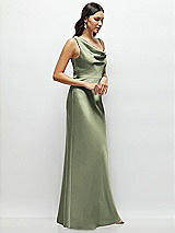 Side View Thumbnail - Sage One-Shoulder Draped Cowl A-Line Satin Maxi Dress