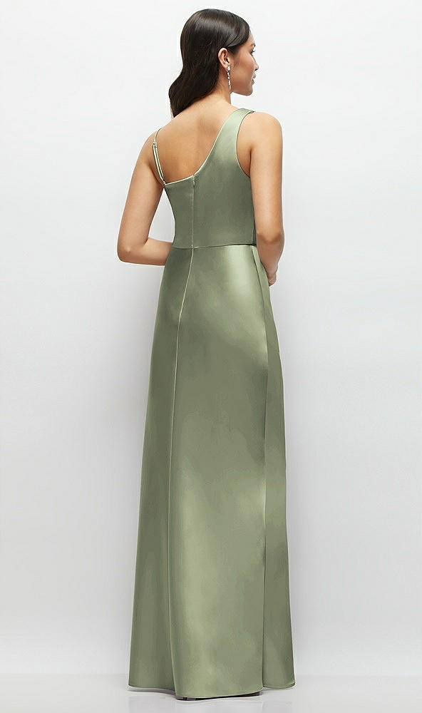 Back View - Sage One-Shoulder Draped Cowl A-Line Satin Maxi Dress