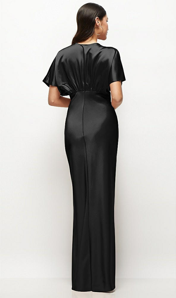 Back View - Black Plunge Neck Kimono Sleeve Satin Bias Maxi Dress