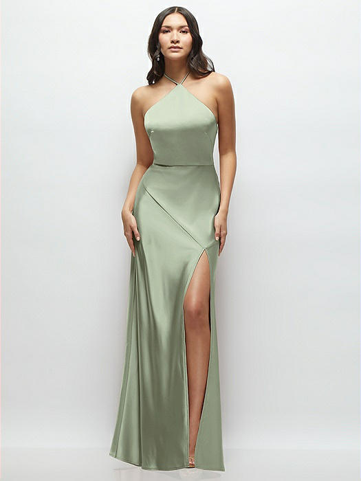 High Halter Tie-Strap Open-Back Satin Maxi Dress