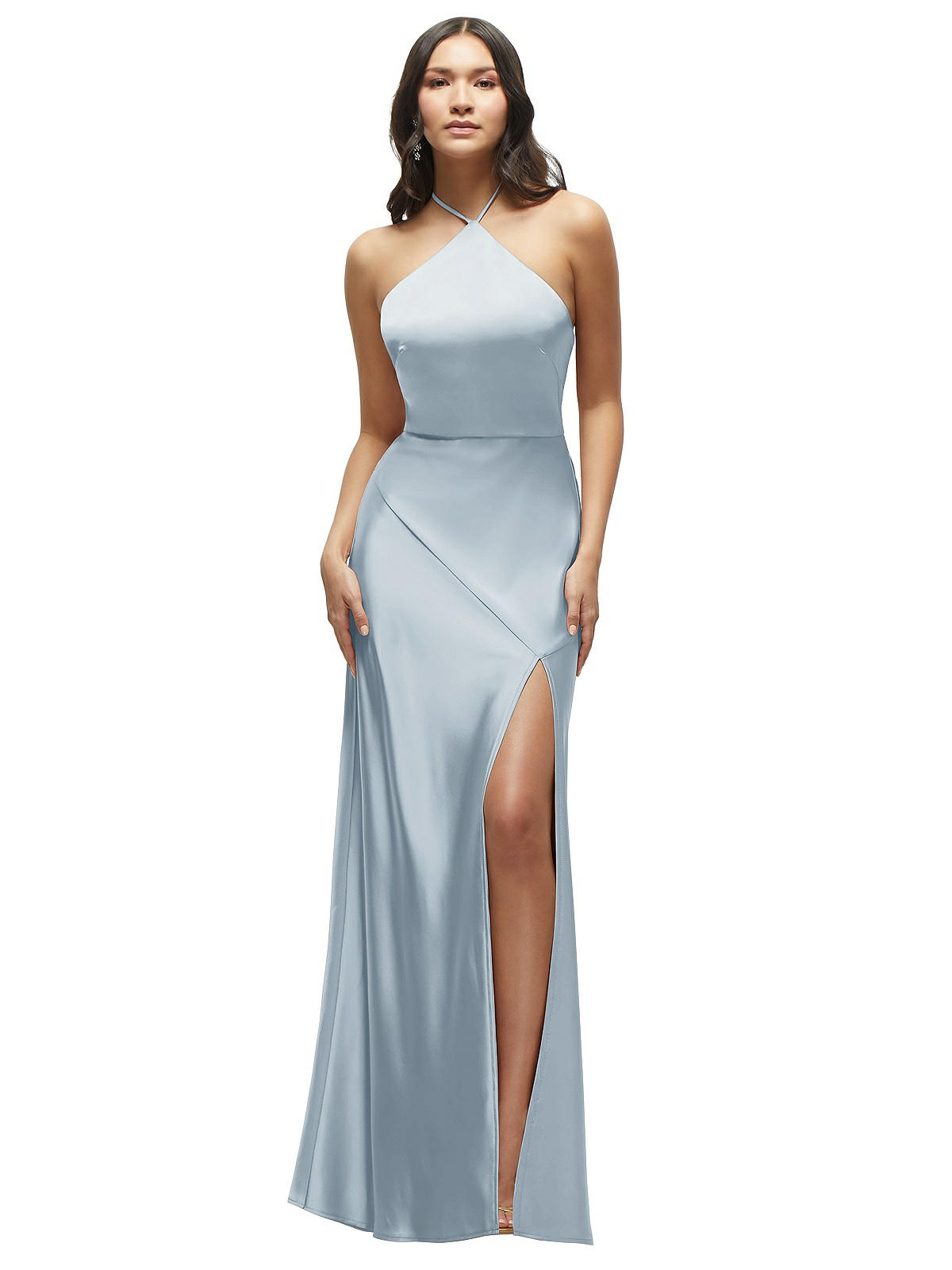 Elegant Halter A-line Side Slit Long Satin Mist Bridesmaid Dresses Online, BG799 main image 0