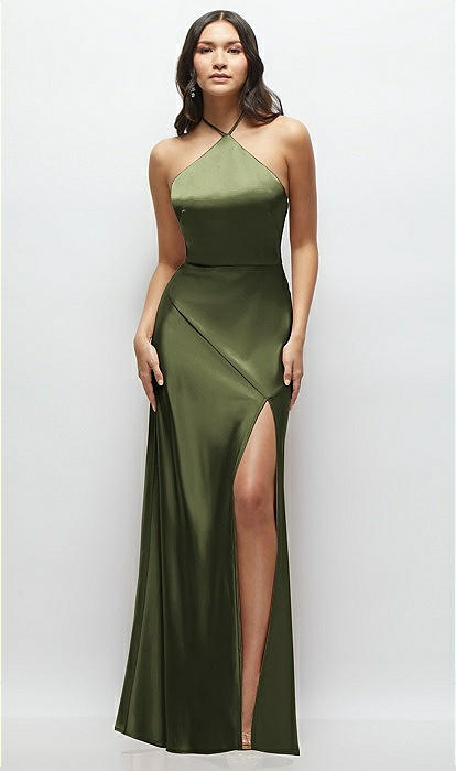 High Halter Tie-strap Open-back Satin Maxi Bridesmaid Dress In Olive Green  | The Dessy Group