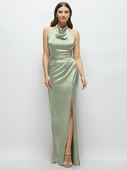 Cowl Halter Open-Back Satin Maxi Dress