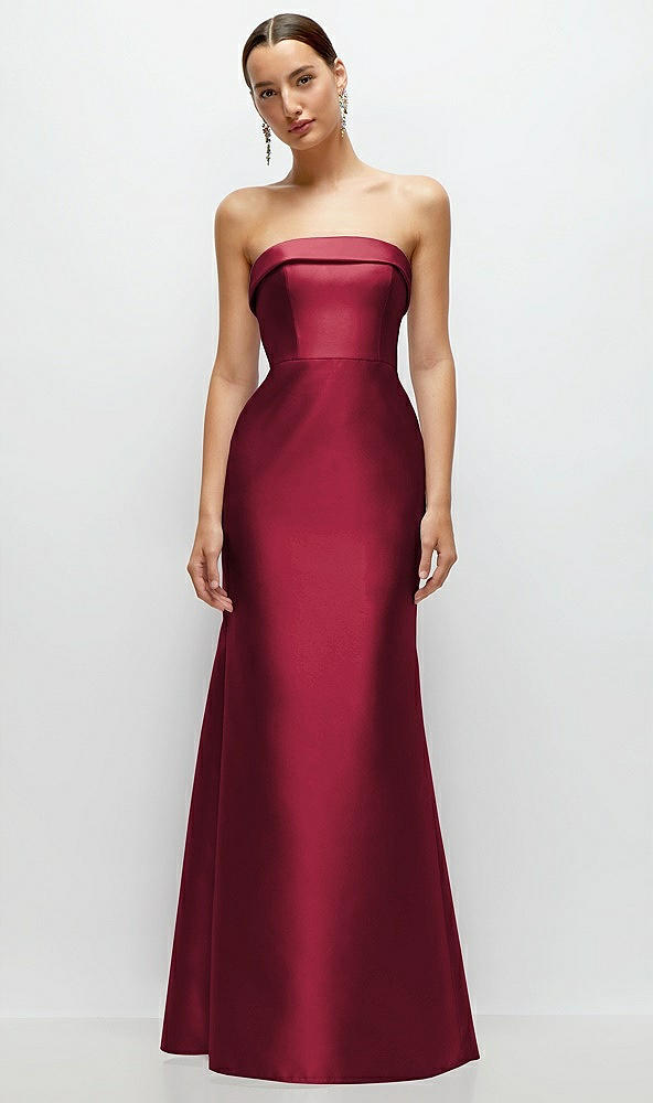 Front View - Burgundy Strapless Cuff Neckline Satin Trumpet Gown