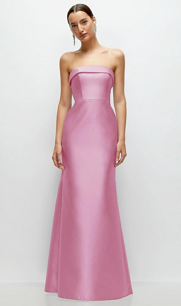 Front View - Powder Pink Strapless Cuff Neckline Satin Trumpet Gown