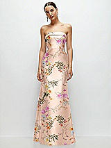 Front View Thumbnail - Butterfly Botanica Pink Sand Strapless Cuff Neckline Floral Satin Trumpet Gown