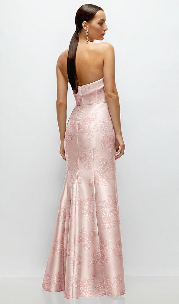 Back View - Bow And Blossom Print Strapless Cuff Neckline Floral Satin Trumpet Gown