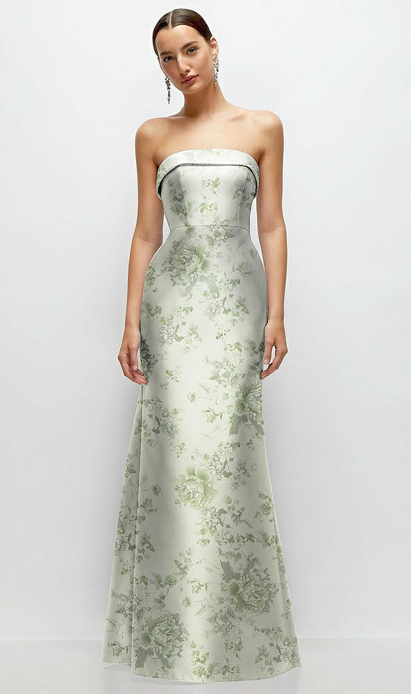 Front View - Cottage Rose Sage Strapless Cuff Neckline Floral Satin Trumpet Gown