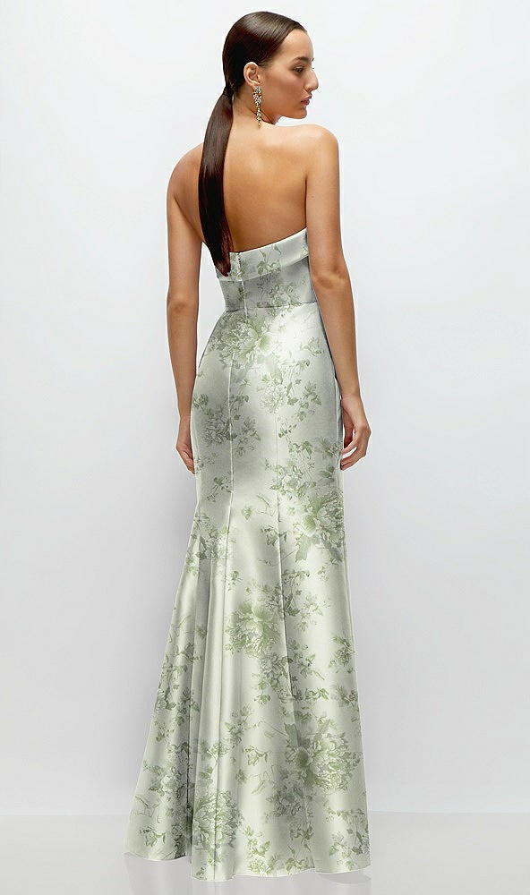 Back View - Cottage Rose Sage Strapless Cuff Neckline Floral Satin Trumpet Gown