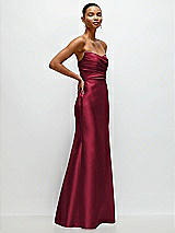 Side View Thumbnail - Burgundy Strapless Cat-Eye Draped Bodice Satin Tumpet Dress