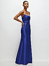 Side View Thumbnail - Cobalt Blue Strapless Cat-Eye Draped Bodice Satin Tumpet Dress