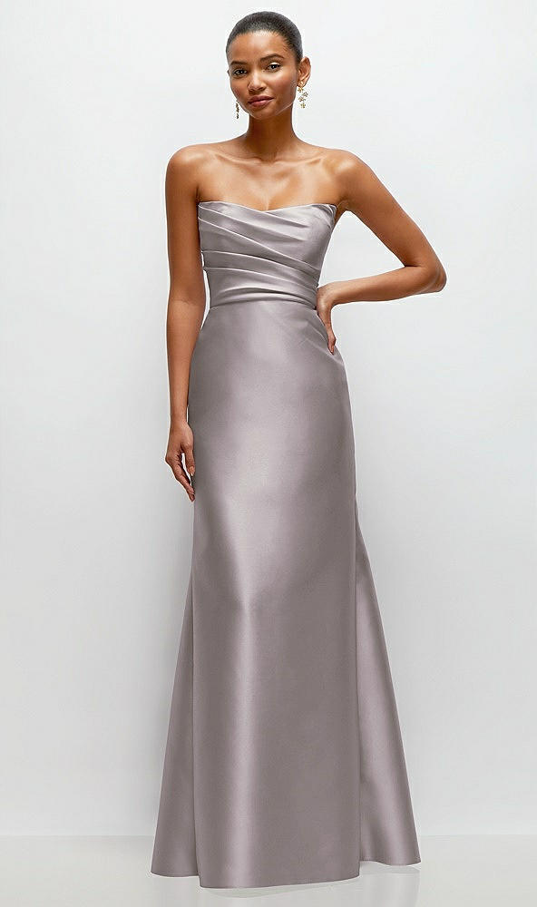 Front View - Cashmere Gray Strapless Cat-Eye Draped Bodice Satin Tumpet Dress