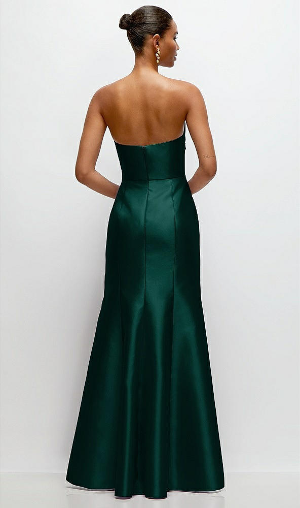 Back View - Evergreen Strapless Cat-Eye Draped Bodice Satin Tumpet Dress