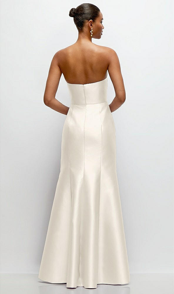 Back View - Ivory Strapless Cat-Eye Draped Bodice Satin Tumpet Dress