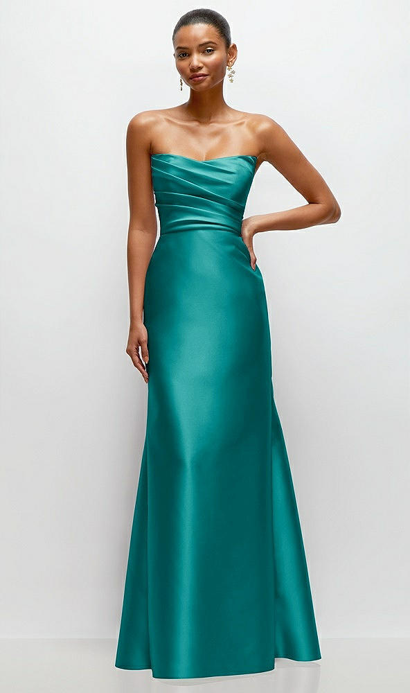 Front View - Jade Strapless Cat-Eye Draped Bodice Satin Tumpet Dress