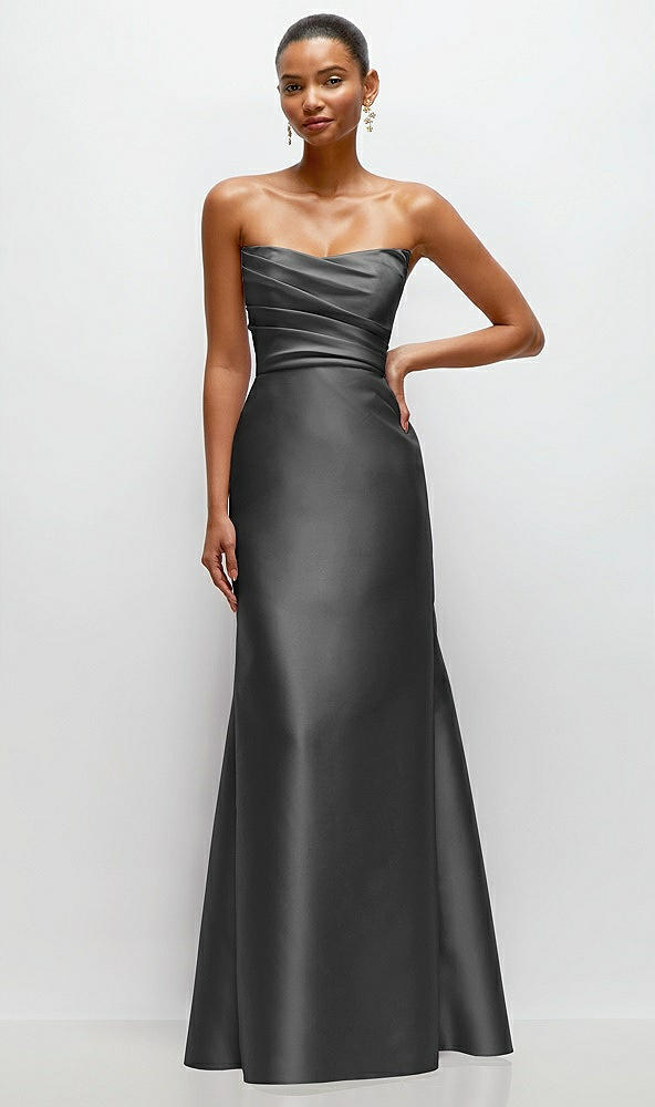 Front View - Pewter Strapless Cat-Eye Draped Bodice Satin Tumpet Dress